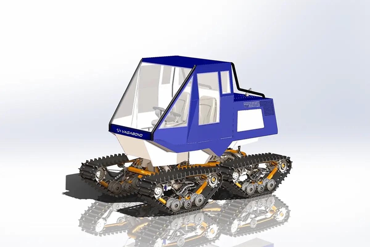 Vue 3D du véhicule chenillé Vagabond, bleu, sur fond blanc